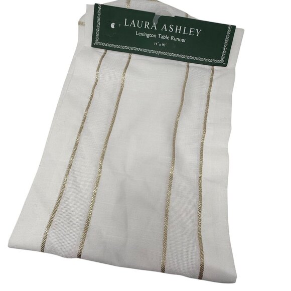 Laura Ashley Lexington Table Runner 14"x90" White Metallic Gold Stripes Elegant - Picture 5 of 7